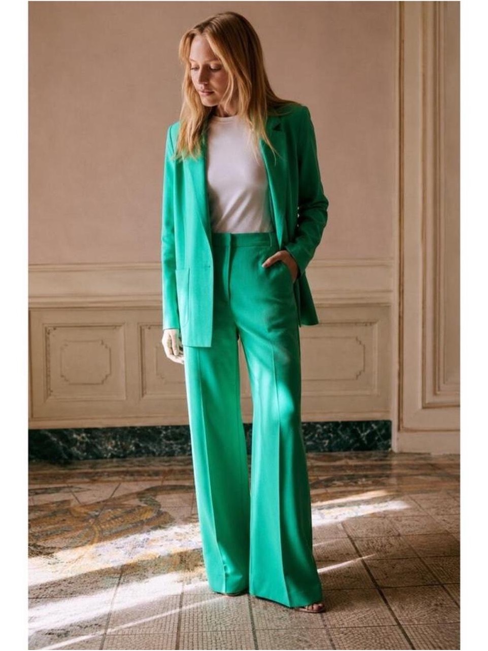 Sezane Wide-Leg Trousers In Bright Green